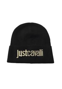 Just Cavalli - JUST CAVALLI Czarna damska czapka beanie z domieszką wełny. Kolor: czarny. Materiał: wełna. Wzór: haft. Styl: elegancki #3