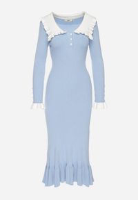 Born2be - Jasnoniebieska Dzianinowa Sukienka Retro z Wiskozą z Kołnierzykiem i Falbanami Hanlira. Okazja: na co dzień. Kolor: niebieski. Materiał: wiskoza, dzianina. Styl: retro #6