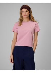 4f - 4F T-shirt regular gładki damski - różowy L. Okazja: na co dzień. Kolor: różowy. Materiał: bawełna, materiał, dzianina. Wzór: gładki. Styl: casual, klasyczny #1