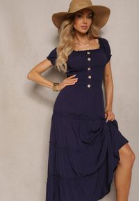 Renee - Granatowa Rozkloszowana Sukienka Maxi z Hiszpańskim Dekoltem Kailra. Kolor: niebieski. Długość: maxi #1