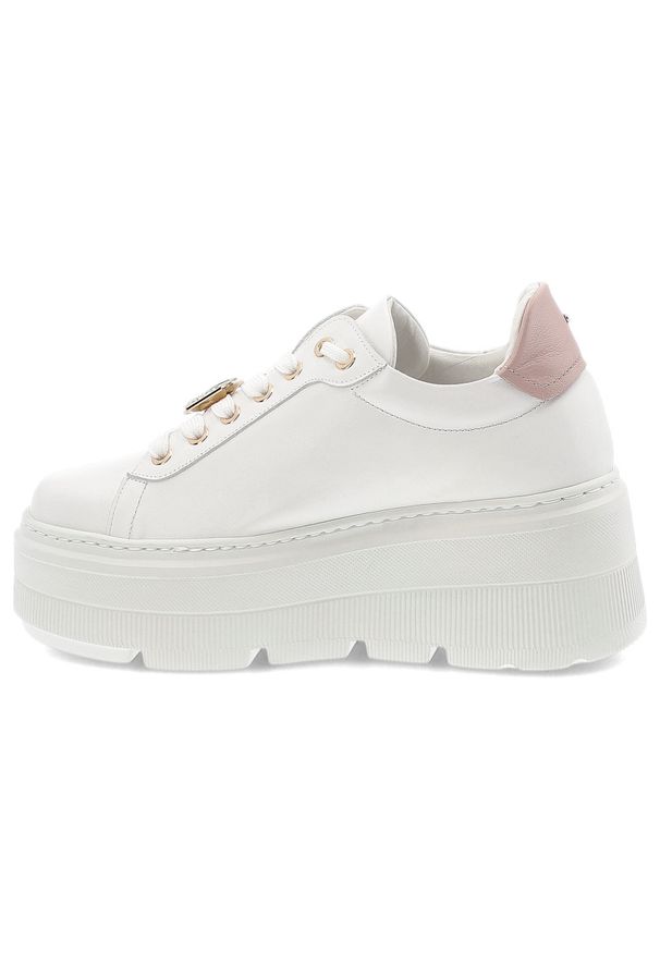 Białe Sneakersy Karino Stylowe Obuwie Damskie Na Platformie. Kolor: biały. Materiał: skóra. Wzór: aplikacja. Obcas: na platformie