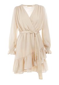 Born2be - Beżowa Sukienka Pronynome. Kolor: beżowy. Materiał: tkanina, guma. Wzór: aplikacja. Typ sukienki: kopertowe. Długość: mini #5