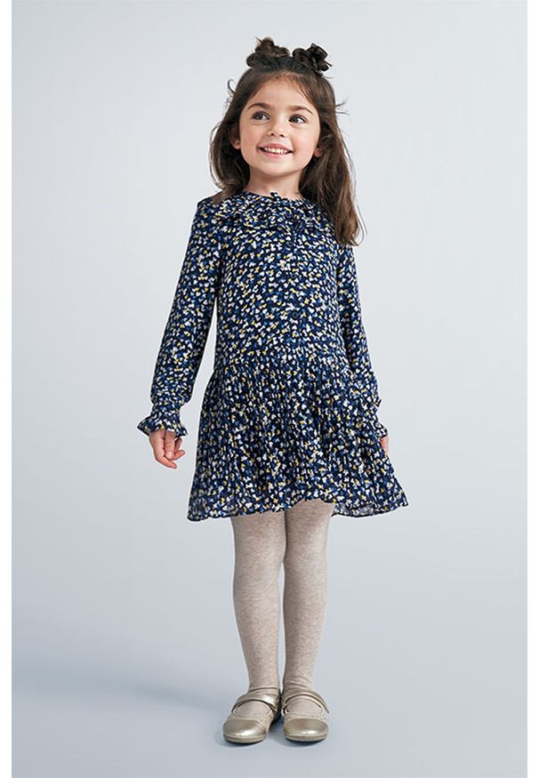Mayoral - Sukienka dziecięca 92-134 cm. Kolor: niebieski. Materiał: tkanina, bawełna, poliester, materiał. Długość rękawa: długi rękaw. Typ sukienki: rozkloszowane. Długość: mini