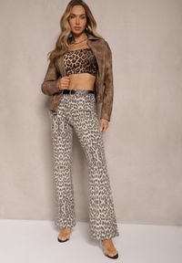 Renee - Panterkowe Panterkowe Jeansy Typu Dzwony z Bawełny High Waist Soparae. Okazja: na co dzień. Stan: podwyższony. Wzór: motyw zwierzęcy. Styl: casual