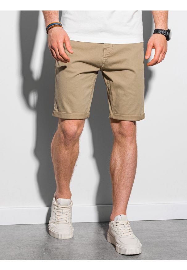 Ombre Clothing - Krótkie spodenki męskie casual W303 - ciemnobeżowe - XXL. Okazja: na co dzień. Kolor: beżowy. Materiał: elastan, tkanina, bawełna. Długość: krótkie. Sezon: lato. Styl: casual