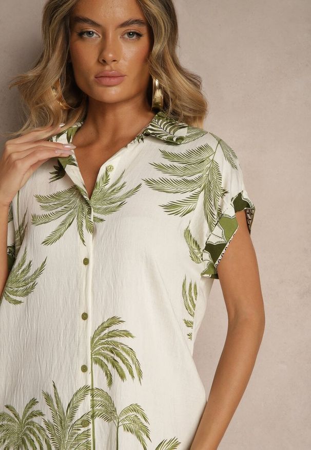 Renee - Zielona Sukienka Oversize z Wiskozą o Koszulowym Kroju Folavira. Okazja: na co dzień. Kolor: zielony. Materiał: wiskoza. Długość rękawa: krótki rękaw. Sezon: lato. Typ sukienki: oversize, koszulowe. Styl: elegancki, casual