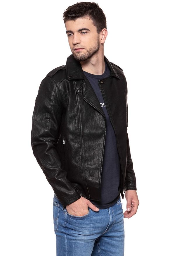 Wrangler - KURTKA SKÓRZANA WRANGLER PU LEATHER JACKET BLACK W4744VI01 112129037. Okazja: na co dzień. Materiał: skóra ekologiczna, jeans. Styl: casual