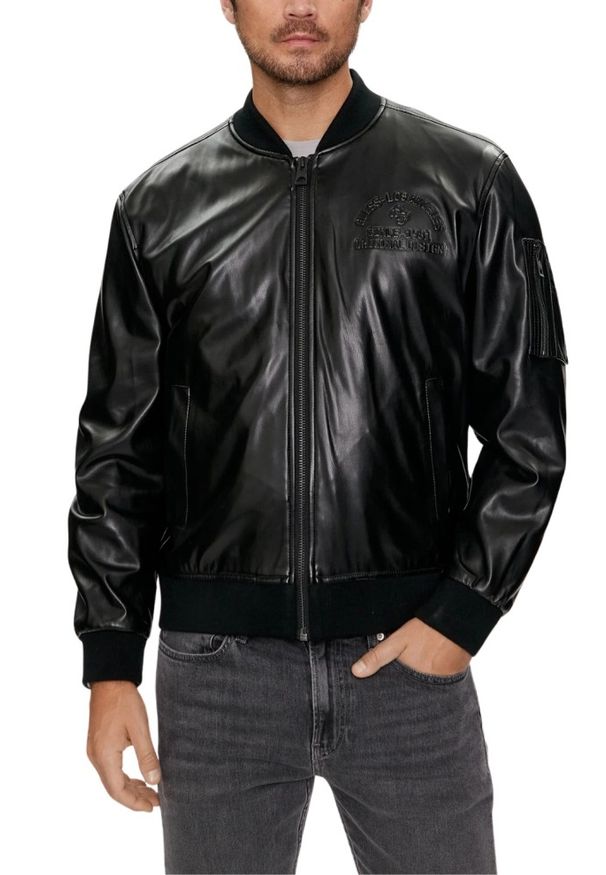 Guess - GUESS Skórzany bomber męski District Faux Leather Bomber. Typ kołnierza: kołnierzyk stójkowy. Kolor: czarny. Materiał: skóra. Styl: klasyczny, elegancki