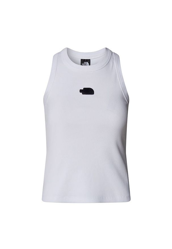 Koszulka damska The North Face Slim Rib Tank 0A8BVTFN41 - biała. Kolor: biały. Materiał: elastan, bawełna. Długość rękawa: bez rękawów. Wzór: nadruk