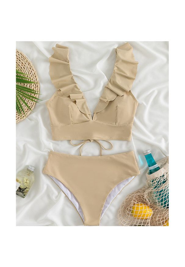 Intica - Dwuczęściowy strój kąpielowy z falbankami i wysoką talią Iolanthe. Kolor: beżowy. Materiał: materiał