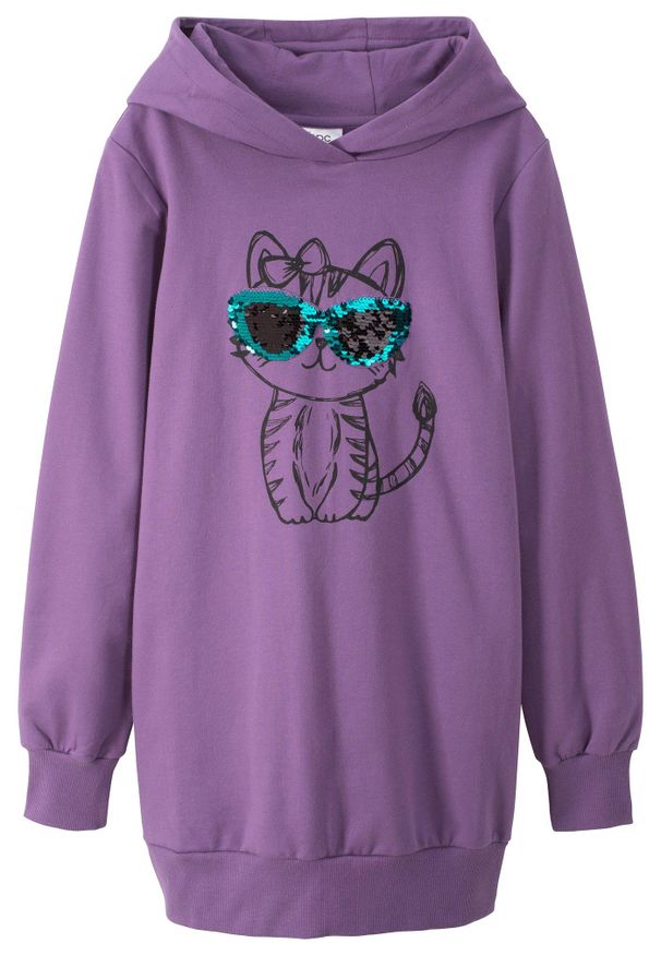 bonprix - Bluza dresowa oversize z czystej bawełny organicznej. Typ kołnierza: kaptur. Kolor: fioletowy. Materiał: bawełna, dresówka. Wzór: aplikacja. Typ sukienki: oversize