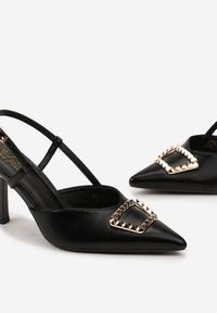 Born2be - Czarne Sandały na Niskiej Szpilce z Noskiem w Szpic i Klamrą z Ćwiekami Sireni. Zapięcie: klamry. Kolor: czarny. Wzór: aplikacja. Obcas: na szpilce #3