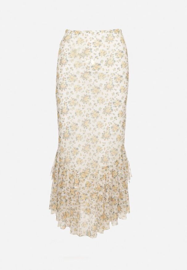 Born2be - Biało-Żółta Spódnica o Dopasowanym Kroju Zdobiona Falbanką Efririsse. Okazja: na co dzień. Kolor: biały. Wzór: aplikacja. Styl: klasyczny, casual