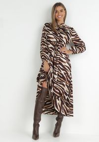 Born2be - Brązowo-Beżowa Sukienka Rozkloszowana w Tygrysie Paski Ralfi. Kolor: brązowy. Materiał: tkanina. Wzór: paski #1