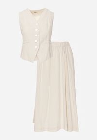 Renee - Beżowy Komplet z Bawełny Kamizelka i Spódnica o Rozkloszowanym Kroju Movenae. Kolor: beżowy. Materiał: bawełna. Wzór: geometria #5