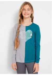 Shirt dziewczęcy z długim rękawem i obracanymi cekinami bonprix morski turkusowy - jasnoszary melanż - srebrny. Kolor: niebieski. Długość rękawa: długi rękaw. Długość: długie. Wzór: melanż #6