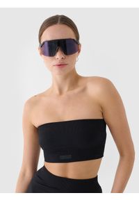 4f - 4F Crop top bandeau slim szybkoschnący damski - czarny XS/S. Kolor: czarny. Materiał: włókno, jersey, elastan, dzianina, materiał, syntetyk. Długość rękawa: na ramiączkach. Wzór: gładki, jednolity, ze splotem #1