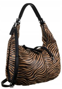 BESTINI - Miękka torebka Bestini 20098 brązowa zebra. Kolor: brązowy. Wzór: motyw zwierzęcy. Materiał: skórzane, lakierowane