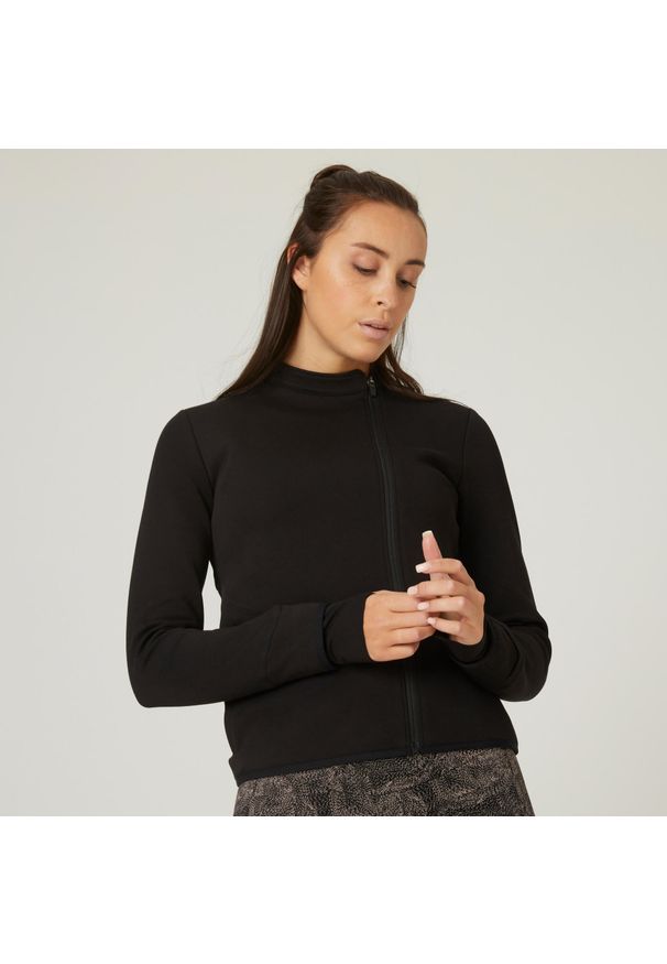 DOMYOS - Bluza na zamek damska Nyamba Gym & Pilates 500. Kolor: czarny. Materiał: włókno, bawełna, materiał. Wzór: ze splotem. Sport: joga i pilates