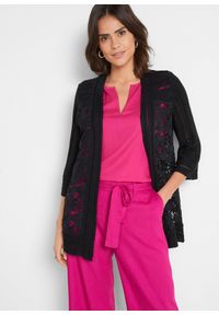 bonprix - Sweter bez zapięcia, z koronką. Kolor: czarny. Materiał: koronka. Wzór: koronka. Styl: elegancki