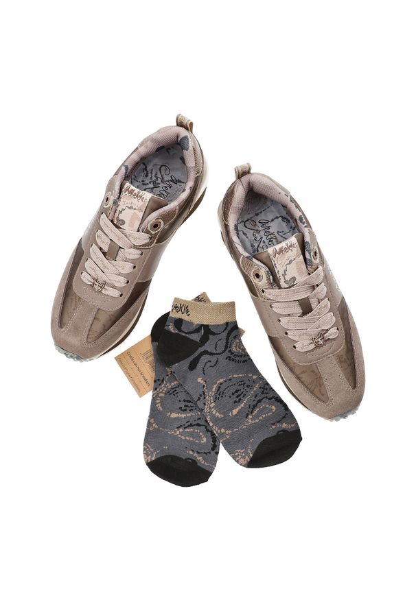 Beżowe Sneakersy Anekke Modne Obuwie Damskie W Prezencie Ze Skarpetkami. Okazja: na co dzień. Kolor: beżowy. Materiał: zamsz, tkanina, materiał. Styl: elegancki, casual