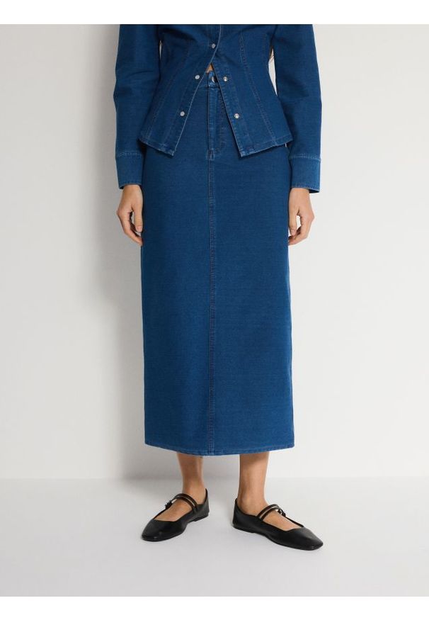 Reserved - Spódnica midi - indigo jeans. Materiał: jeans