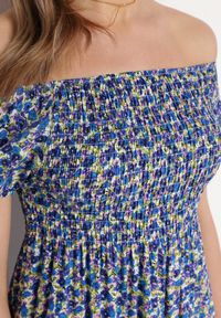 Born2be - Granatowa Wiskozowa Sukienka Hiszpanka z Gumkami w Pasie Valdina. Okazja: na co dzień. Typ kołnierza: dekolt hiszpanka. Kolor: niebieski. Materiał: wiskoza. Długość rękawa: krótki rękaw. Sezon: lato. Styl: casual, wakacyjny #6