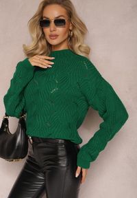 Renee - Ciemnozielony Sweter Oversize z Ozdobnym Splotem Boeda. Kolor: zielony. Wzór: ze splotem #4