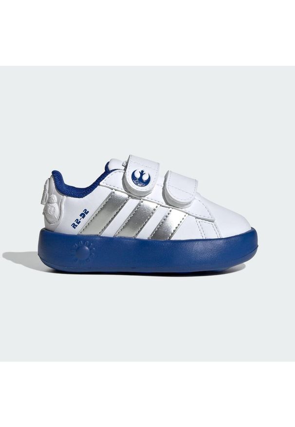 Buty Adidas Star Wars Grand Court 2.0 Infants. Kolor: szary, niebieski, wielokolorowy, biały. Wzór: motyw z bajki. Sport: turystyka piesza, tenis
