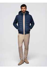 Ombre Clothing - Pikowana kurtka bomberka z kapturem i dzianinowymi rękawami – granatowa V2 - Rozmiar: L. Typ kołnierza: kaptur. Kolor: niebieski. Materiał: dzianina. Wzór: aplikacja, nadruk. Styl: klasyczny #4