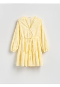 Reserved - Sukienka z haftem - jasnożółty. Kolor: żółty. Materiał: tkanina, bawełna. Wzór: haft #1