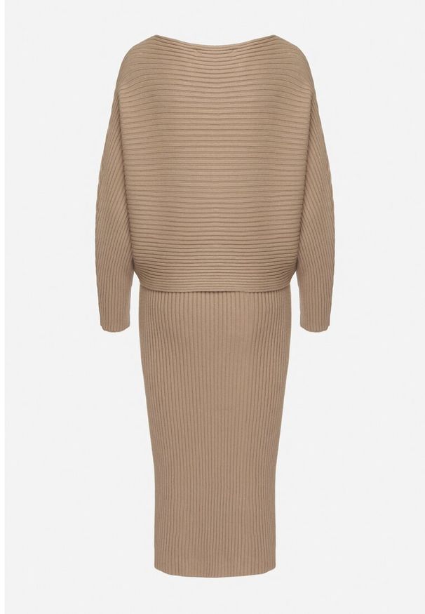 Born2be - Ciemnobeżowy Prążkowany Komplet z Wiskozą Góra o Kroju Nietoperza Spódnica z Gumką w Pasie Zortia. Kolor: beżowy. Materiał: prążkowany, wiskoza. Wzór: prążki