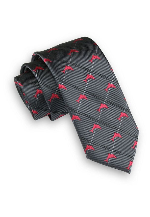 Szary Krawat w Czerwone Delfiny -Angelo di Monti- 6 cm, Męski, Motyw Zwierzęcy. Kolor: czerwony. Wzór: motyw zwierzęcy. Styl: elegancki, wizytowy