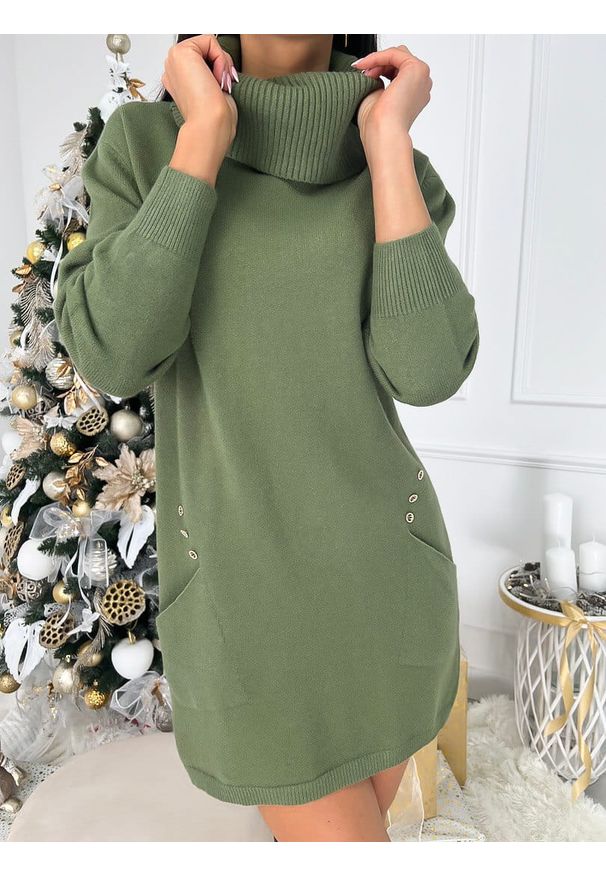 ModnaKiecka.pl - Oliwkowa Sweterkowa Tunika z Golfem 9243-184-G. Okazja: na spacer, na co dzień. Typ kołnierza: golf. Kolor: zielony. Materiał: wiskoza, elastan. Długość rękawa: długi rękaw. Długość: krótkie. Wzór: jednolity. Sezon: zima, jesień. Styl: casual, klasyczny