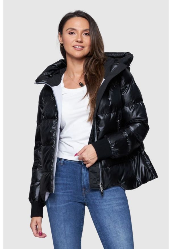 DIEGO M Czarna damska kurtka puchowa ze srebrnym zamkiem, Rozmiar 38 EU - 42 IT. Kolor: czarny. Materiał: puch