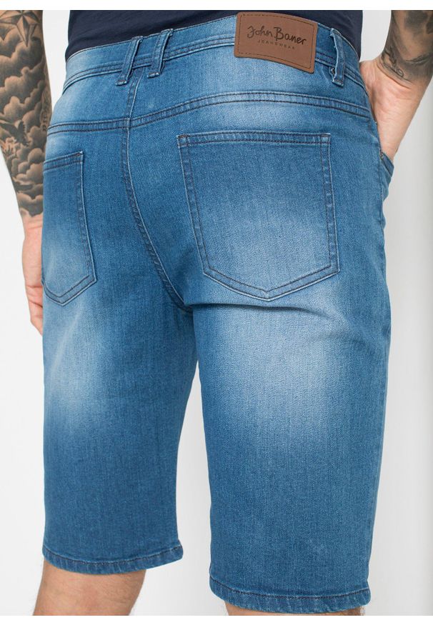 bonprix - Bermudy dżinsowe ze stretchem i wzmocnionym krokiem, regular fit. Kolor: niebieski. Styl: elegancki, klasyczny