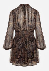 Renee - Czarno-Beżowa Taliowana Sukienka o Rozkloszowanym Kroju z Prześwitującymi Rękawami i Stójką Relabia. Okazja: na co dzień. Typ kołnierza: kołnierzyk stójkowy. Kolor: czarny. Typ sukienki: rozkloszowane. Styl: casual, klasyczny #6