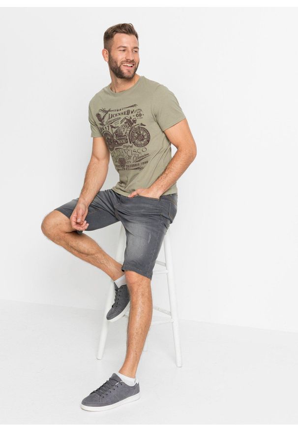 bonprix - T-shirt z czystej bawełny. Okazja: na co dzień. Kolor: zielony, beżowy. Materiał: bawełna. Wzór: nadruk. Styl: casual