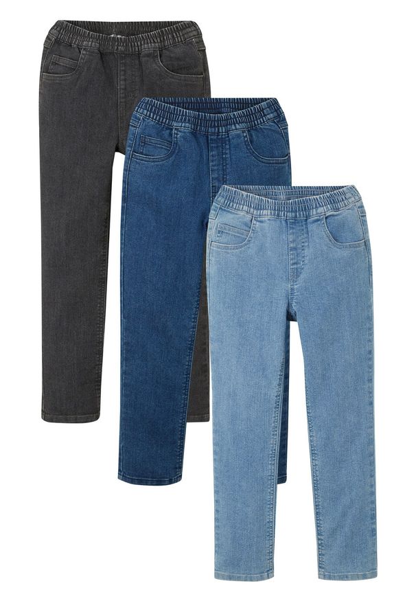 Spodnie dziewczęce z gumką w talii (3 pary) bonprix czarny "stone" + niebieski "stone" + niebieski "bleached". Okazja: na co dzień. Kolor: czarny. Styl: casual