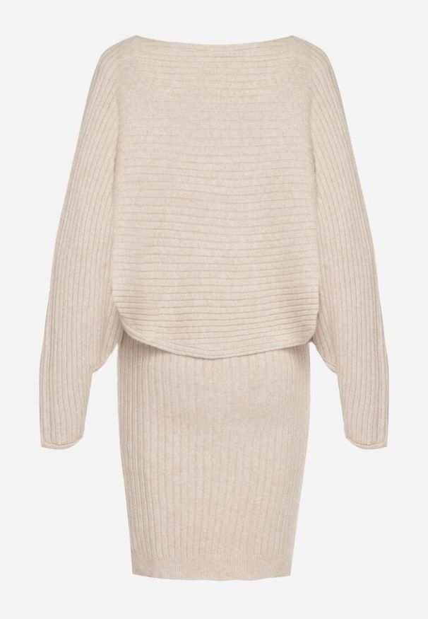 Born2be - Ciemnobeżowy Dzianinowy Komplet Prążkowany Sukienka i Sweter o Kroju Nietoperz Wederela. Kolor: beżowy. Materiał: dzianina, prążkowany