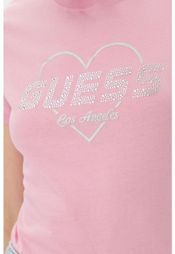 Guess - GUESS Różowy damski t-shirt Narciso. Kolor: różowy