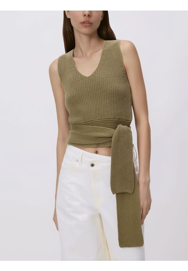 Reserved - Bluzka z wiązaniem - ciemnozielony. Kolor: zielony. Materiał: bawełna