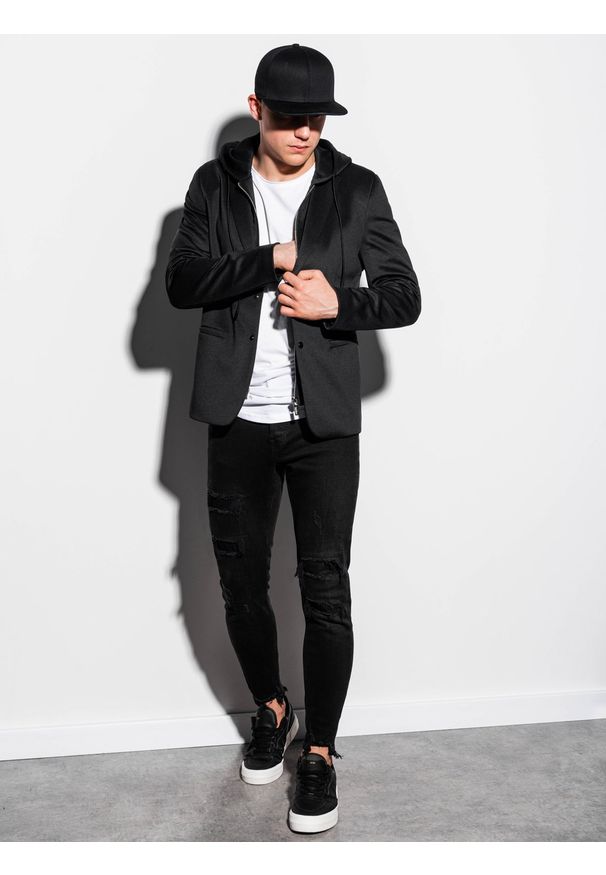 Ombre Clothing - Marynarka męska casual z kapturem M156 - czarna - XXL. Okazja: na co dzień. Typ kołnierza: kaptur. Kolor: czarny. Materiał: elastan, poliester. Styl: casual