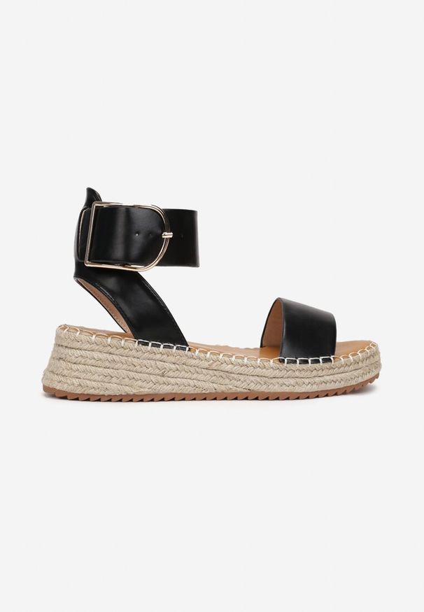 Renee - Czarne Sandały z Dużą Sprzączką i Plecioną Platformą Lynnette. Zapięcie: sprzączka. Kolor: czarny. Obcas: na platformie. Styl: boho