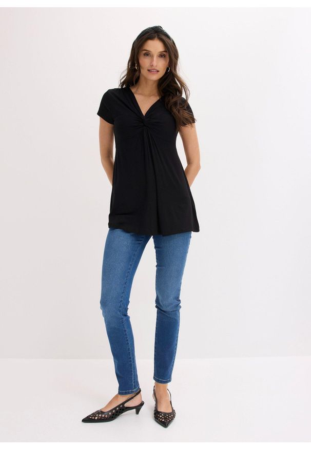 bonprix - T-shirt z mieszanki wiskozy. Typ kołnierza: dekolt w serek. Kolor: czarny. Materiał: wiskoza. Wzór: nadruk, aplikacja, gładki