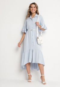 Born2be - Jasnoniebieska Sukienka Koszulowa z Ozdobną Falbanką Daviravie. Okazja: na co dzień. Kolor: niebieski. Typ sukienki: koszulowe. Styl: elegancki, casual, klasyczny #4