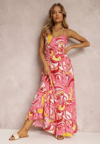 Renee - Różowa Sukienka Pyrhochis. Kolor: różowy. Materiał: wiskoza. Długość rękawa: na ramiączkach. Wzór: kolorowy. Długość: maxi