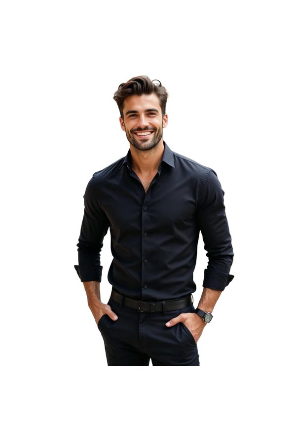 Czarna elastyczna koszula męska Modini Y79. Kolor: czarny. Materiał: tkanina, bawełna, lycra, elastan. Styl: klasyczny