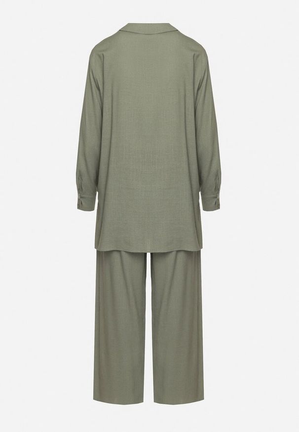 Born2be - Zielony Komplet z Wiskozy Koszula na Guziki Szerokie Spodnie z Gumką w Pasie Tinasiam. Kolor: zielony. Materiał: wiskoza