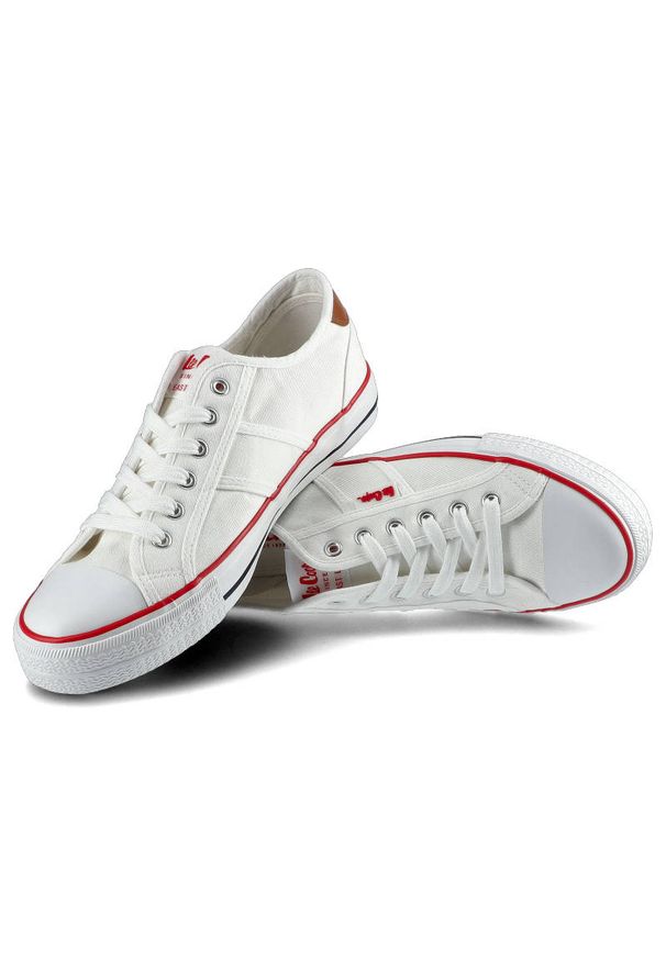 Białe Trampki Lee Cooper Męskie Wygodne Obuwie. Kolor: biały. Materiał: guma, skóra ekologiczna, materiał. Szerokość cholewki: normalna. Wzór: aplikacja. Styl: klasyczny